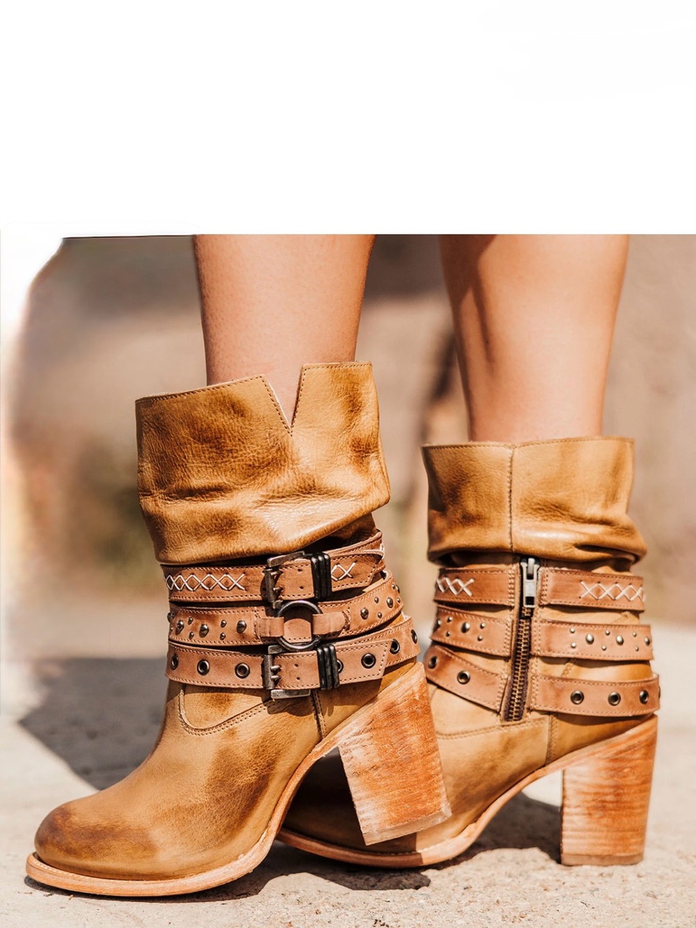 freebird Tan Leather Studded Buckle Western Ankle Boots